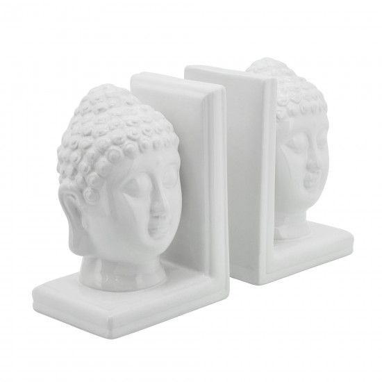 S/2 8" Buddha Heads Bookends, White