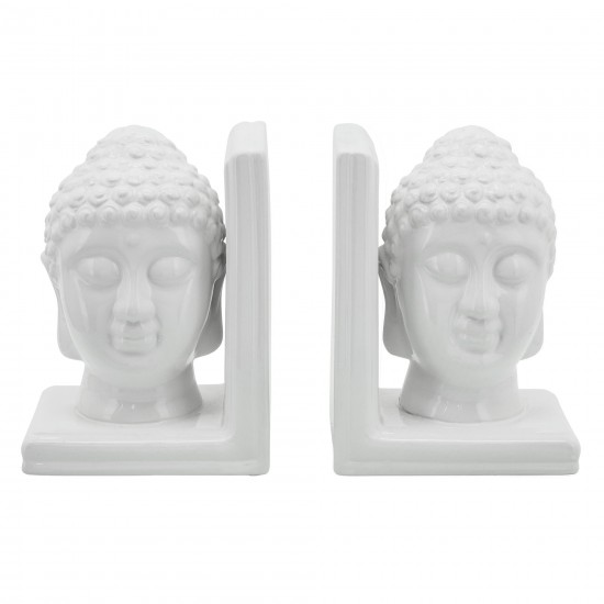 S/2 8" Buddha Heads Bookends, White