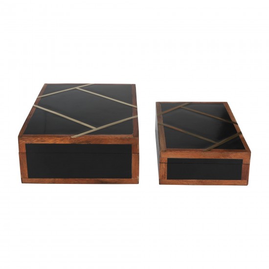 Resin, S/2 10/12" Boxes W/ Gold Inlay, Black