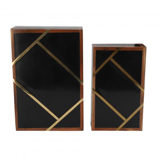 Resin, S/2 10/12" Boxes W/ Gold Inlay, Black