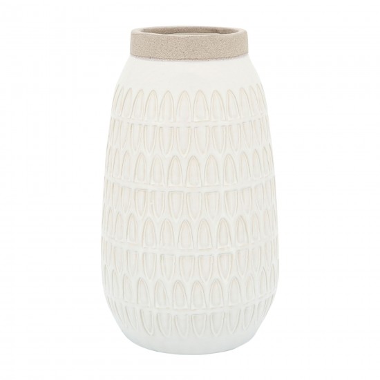 Cer, 10"h Carved Vase, Beige