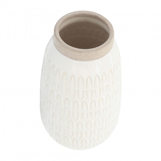 Cer, 10"h Carved Vase, Beige