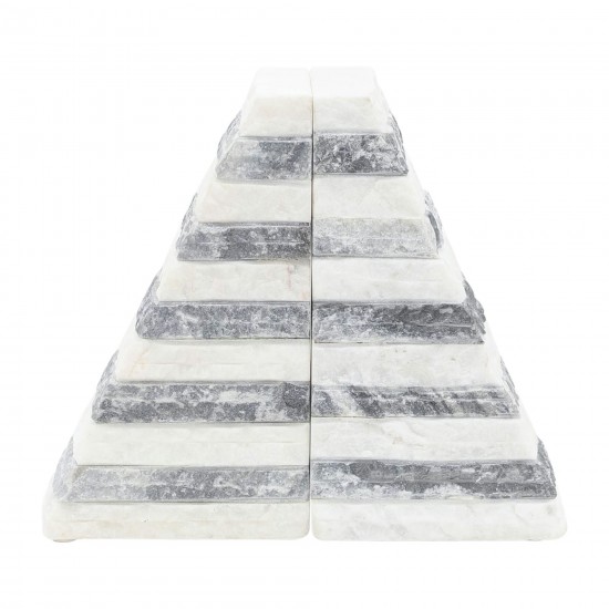 S/2 Marble 7"h Pyramid Bookends, White/gray