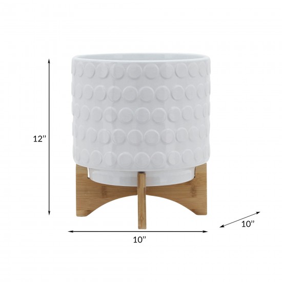 Ceramic 10" Planter On Wooden Stand, White