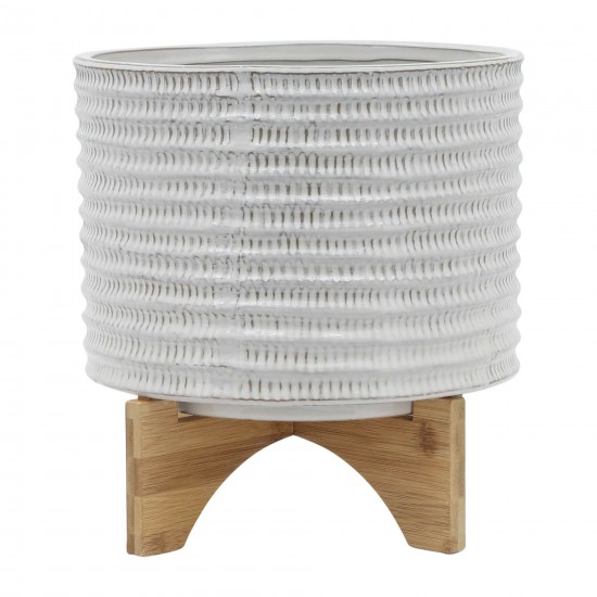 Ceramic 10" Textured Planter On Stand, Ivory