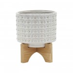 Ceramic 5" Dotted Planter W/wood Stand, Ivory