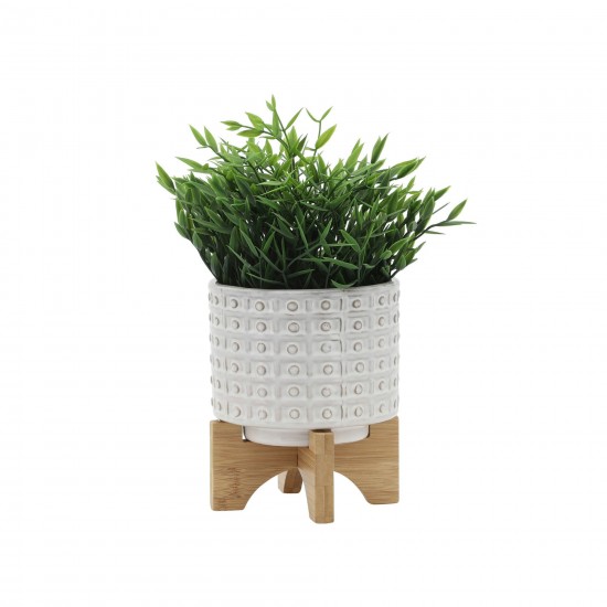 Ceramic 5" Dotted Planter W/wood Stand, Ivory