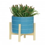 8" Striped Planter W/ Wood Stand, Skyblue