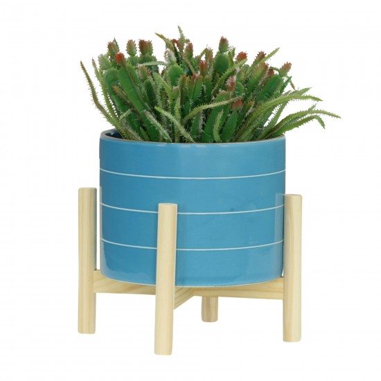 8" Striped Planter W/ Wood Stand, Skyblue