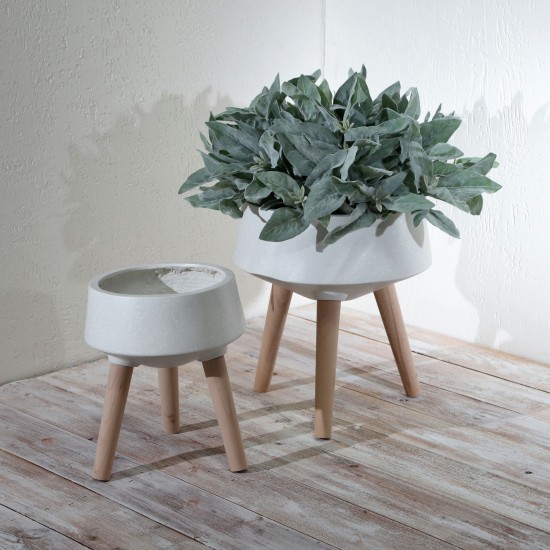 S/2 11/15" Terrazzo Planter W/ Wood Legs, White