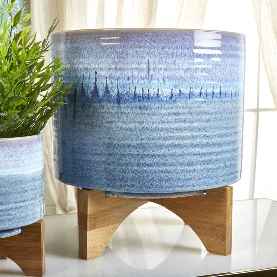 Ceramic 10" Planter On Stand,blue Fade