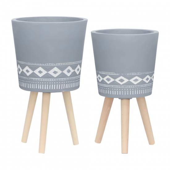 S/2 10/12" Diamond Planter W/ Wood Legs, Gray (kd)