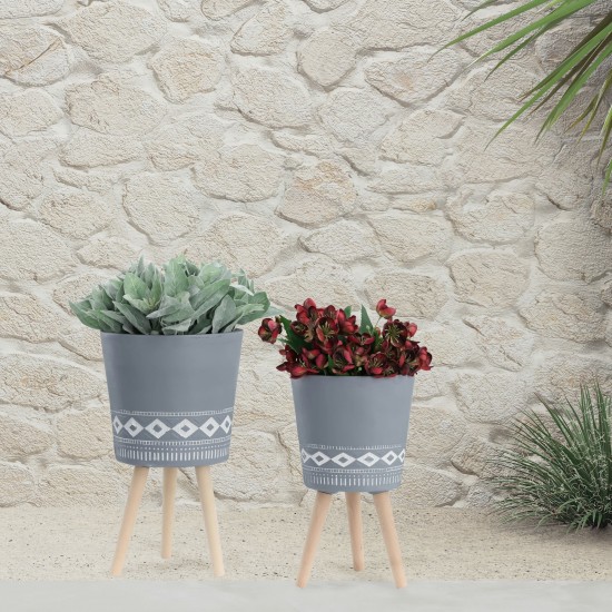 S/2 10/12" Diamond Planter W/ Wood Legs, Gray (kd)