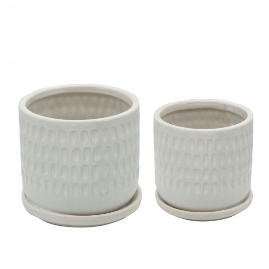 S/2 5/6" Dimpled Planters W/ Saucer, White