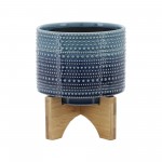 5" Dotted Planter W/ Wood Stand, Blue