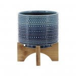 5" Dotted Planter W/ Wood Stand, Blue