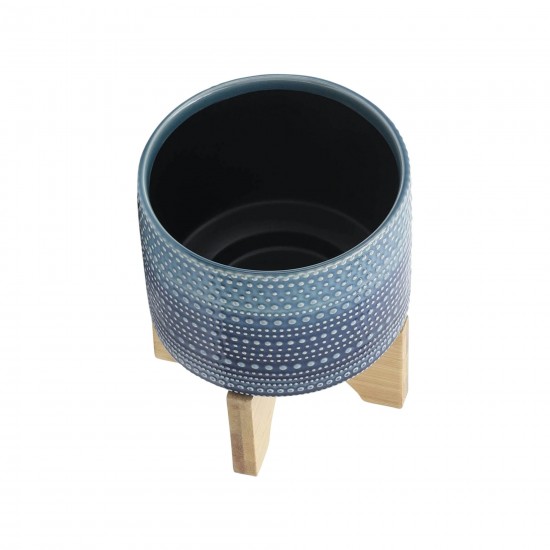 5" Dotted Planter W/ Wood Stand, Blue