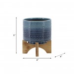 5" Dotted Planter W/ Wood Stand, Blue