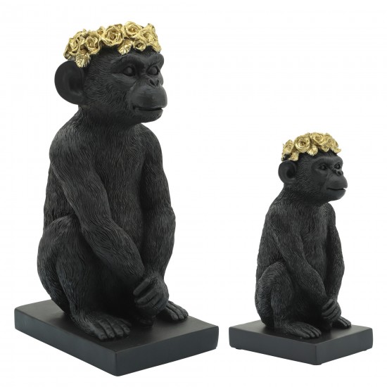 Res, 14" Monkey Figurine Flower Crown, Blk/gold