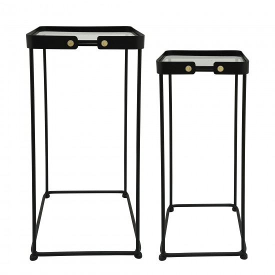 Metal, S/2 23/25"h Square Side Tables W/ Smokey Gl