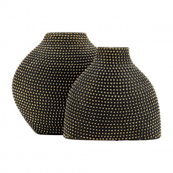 Ceramic 16" Beaded Vase, Black/gold