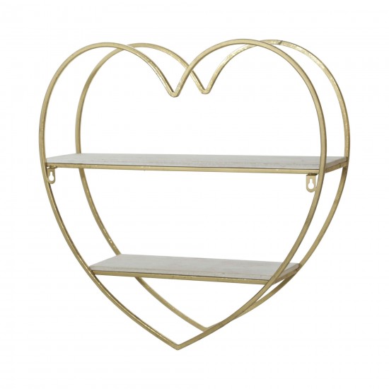 Metal/wood 2 Tier Heart Wall Shelf, White/gold