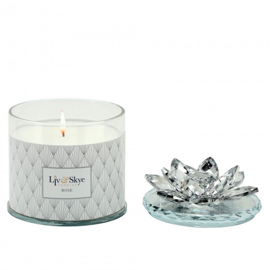 Crystal 5" Soy Candle Lotus Box, Silver 13oz