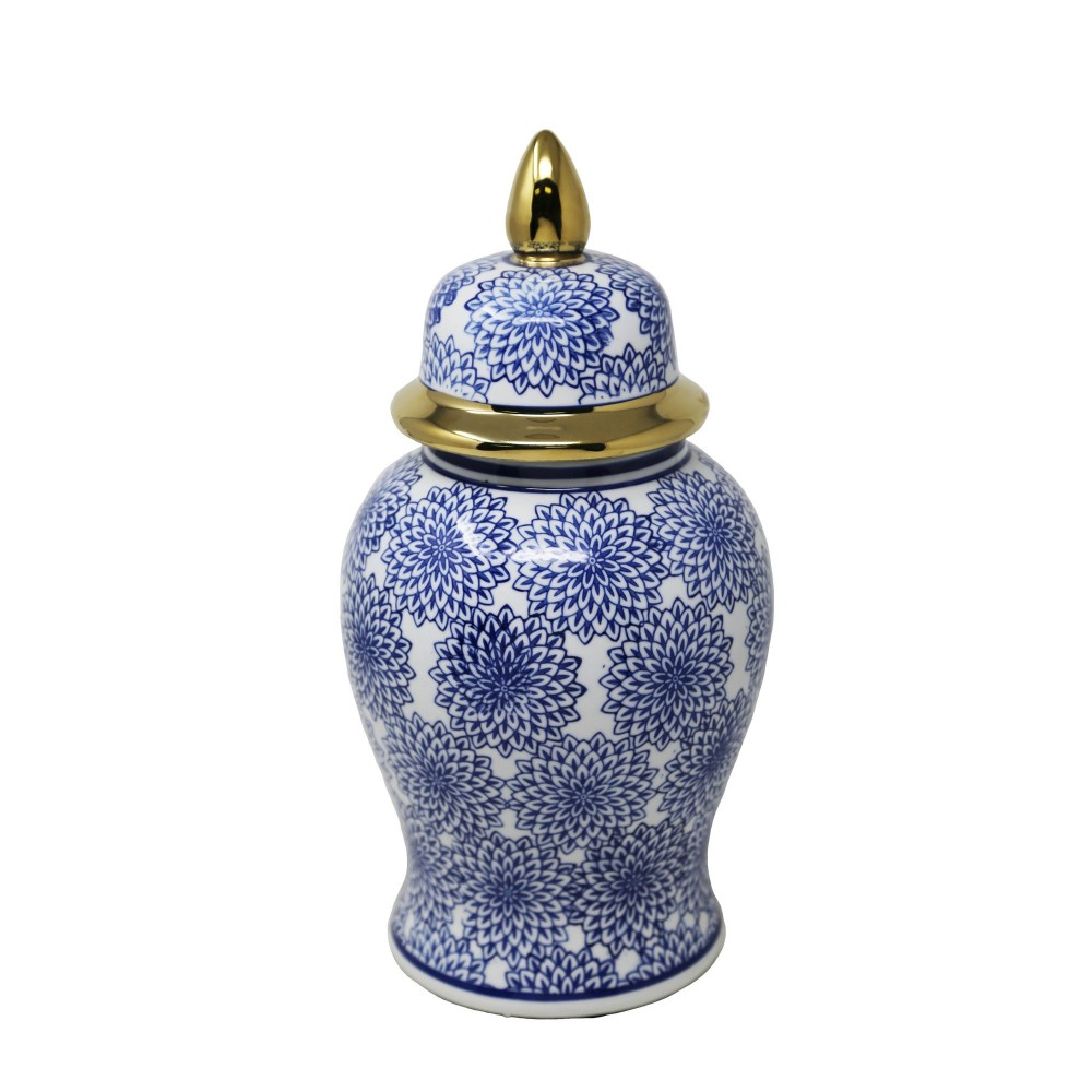 14" Temple Jar W/dalhia Flower,blue & White