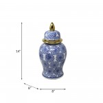 14" Temple Jar W/dalhia Flower,blue & White