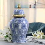 14" Temple Jar W/dalhia Flower,blue & White