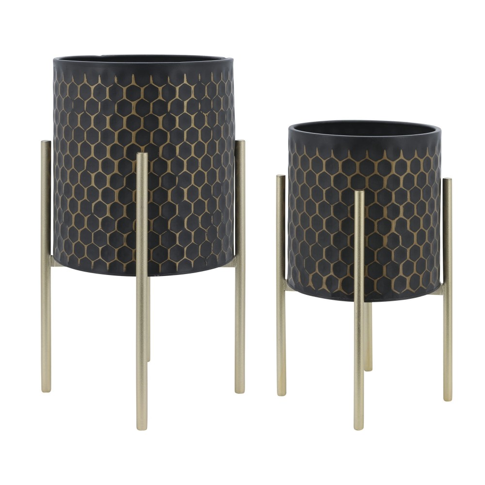 S/2 3d Honeycomb Planter On Metal Stand, Blk/gld