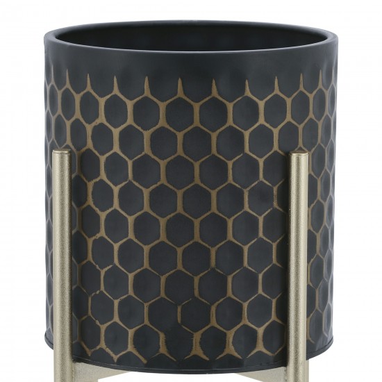 S/2 3d Honeycomb Planter On Metal Stand, Blk/gld