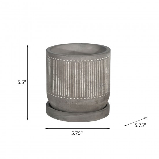 6" Line Pattern Planter W/ Saucer, Gray