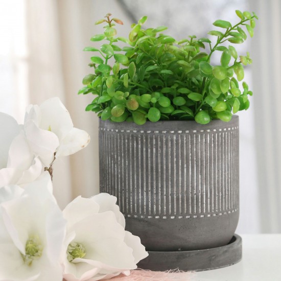 6" Line Pattern Planter W/ Saucer, Gray