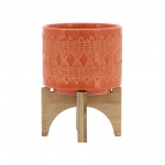 Ceramic 5" Aztec Planter On Wooden Stand, Orange & White