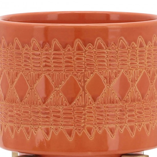 Ceramic 5" Aztec Planter On Wooden Stand, Orange & White