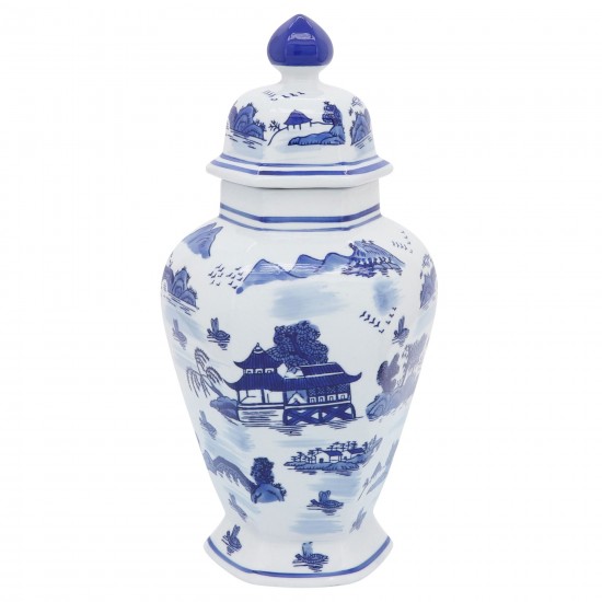 Cer,14"h Scenic Temple Jar, Blue