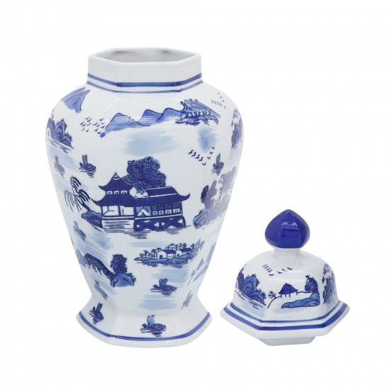 Cer,14"h Scenic Temple Jar, Blue
