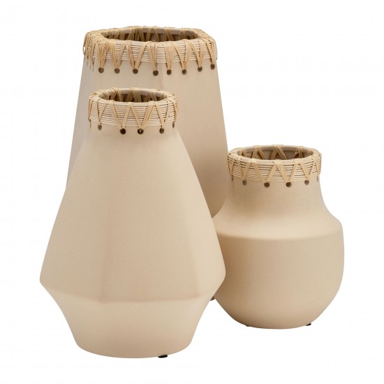 Cer, 11"h Vase W/ Weaving, Natural