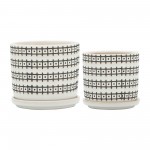 Cer, S/2 5/6" Abstract Planters W/ Saucer, Ivory, Grid Pattern