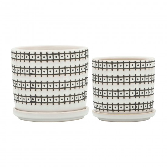 Cer, S/2 5/6" Abstract Planters W/ Saucer, Ivory, Grid Pattern