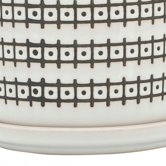 Cer, S/2 5/6" Abstract Planters W/ Saucer, Ivory, Grid Pattern