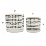 Cer, S/2 5/6" Abstract Planters W/ Saucer, Ivory, Grid Pattern