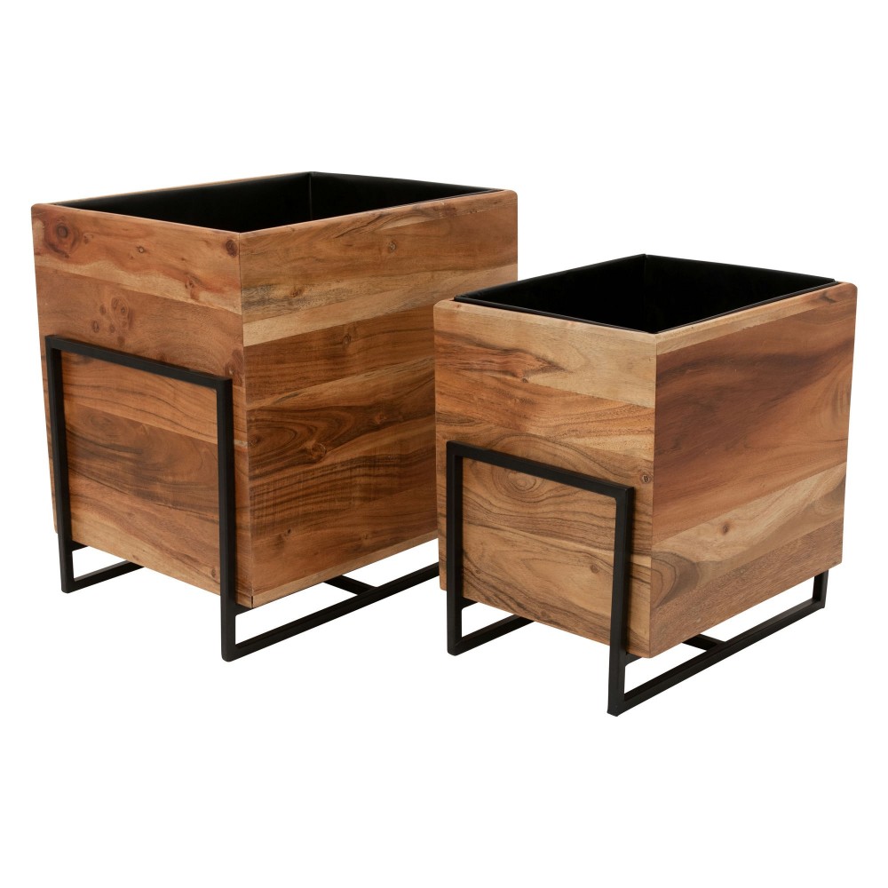 S/2 Wood/metal 14/17" Square Planters, Brown