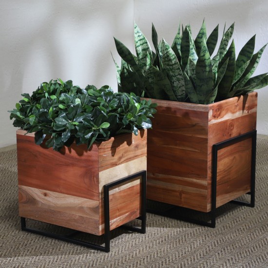 S/2 Wood/metal 14/17" Square Planters, Brown