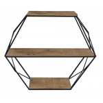 Metal/wood 3 Tier Hexagon Wall Shelf, Brown/black