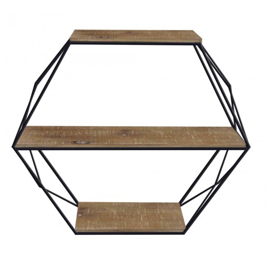 Metal/wood 3 Tier Hexagon Wall Shelf, Brown/black