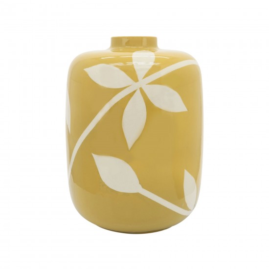 Cer, 14"h Leaf Vase, Yellow