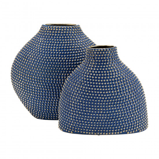 Ceramic 14" Beaded Vase, Navy/gold