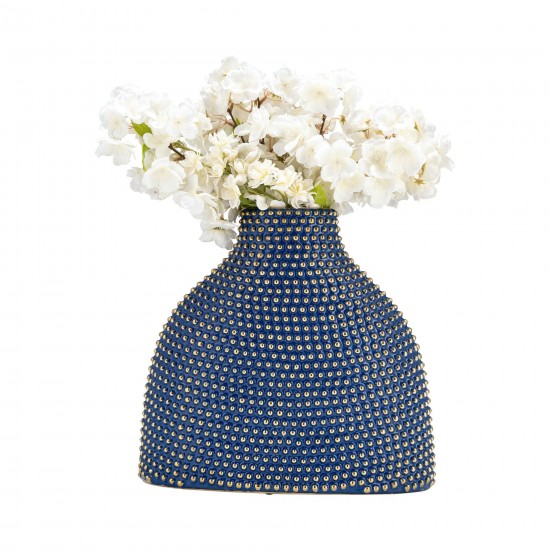 Ceramic 14" Beaded Vase, Navy/gold
